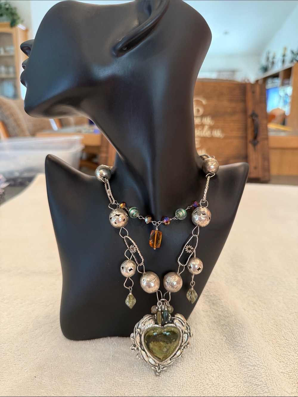 Arati de Galliano Olive Green Heart Pendant and Amber Accents